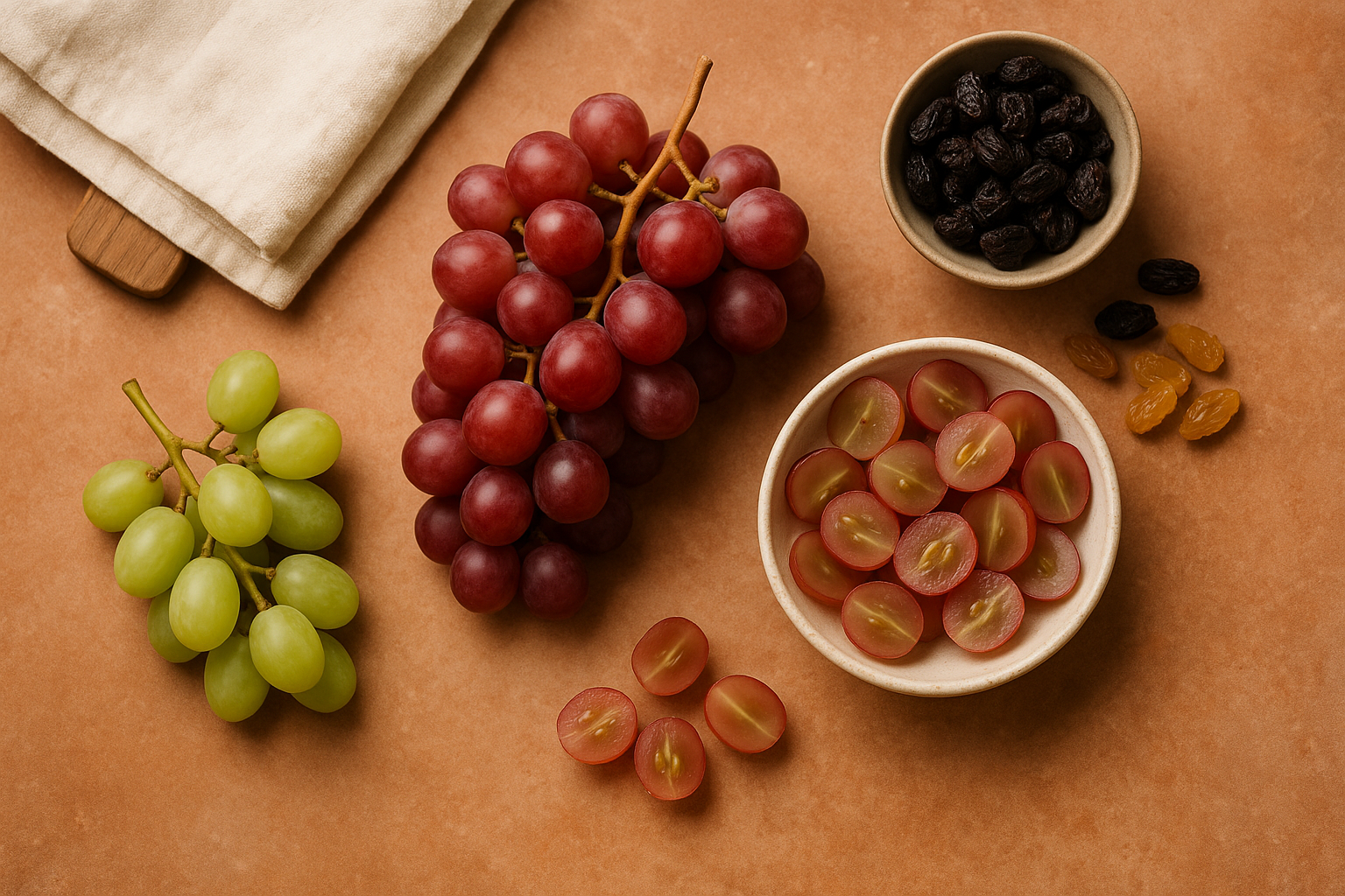 Grape fiber guide with red and green grape bunches, a bowl of halved red grapes, and dark and golden raisins on terracotta