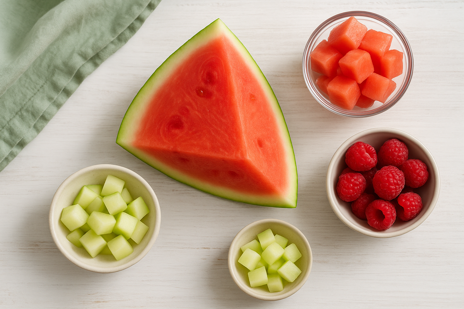 Watermelon fiber guide with a red wedge, a bowl of diced watermelon, two dishes of diced rind and raspberries on white wood