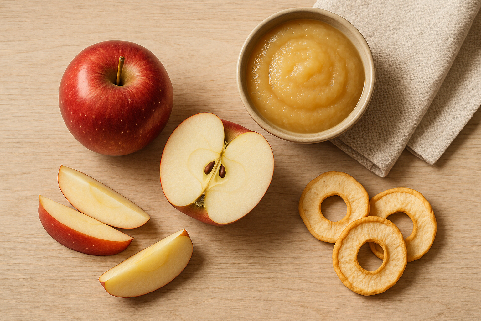 Apple fiber in different forms: a whole red apple, a halved apple, skin-on slices, applesauce and dried apple rings on wood