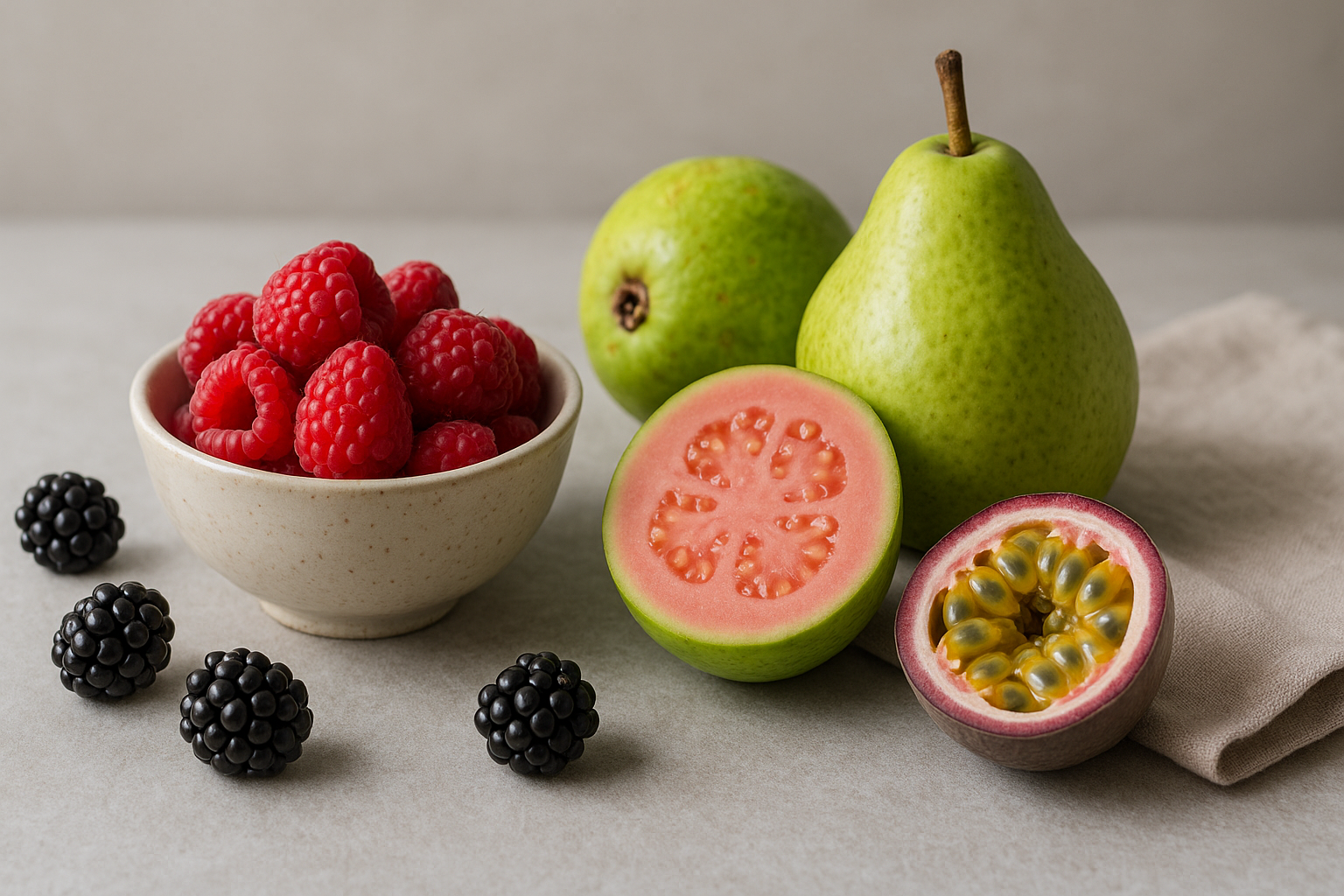 High fiber fruits including a bowl of raspberries, blackberries, a halved guava, pears and passion fruit on grey stone
