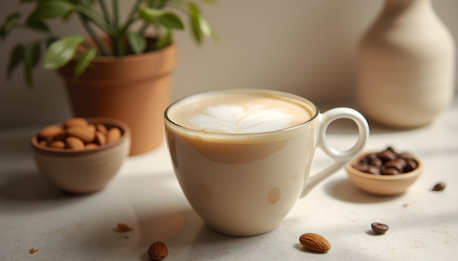 Almond milk latte fiber shown with a cup of latte with foam art beside a bowl of almonds and a dish of coffee beans