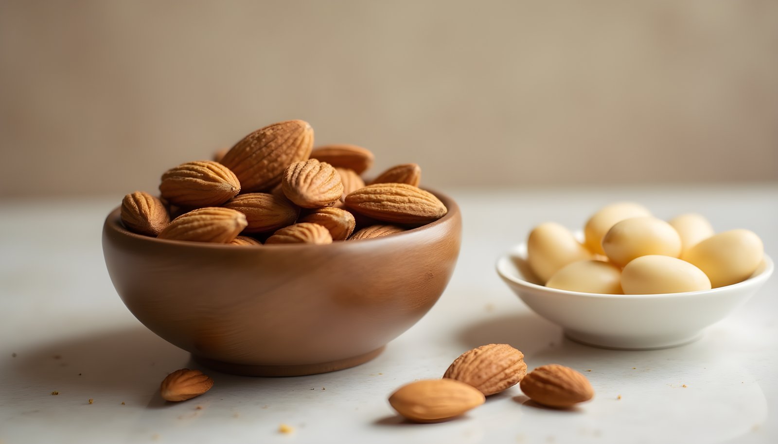 Almond fiber shown with a bowl of raw skin-on almonds, a small dish of pale blanched almonds and loose almonds