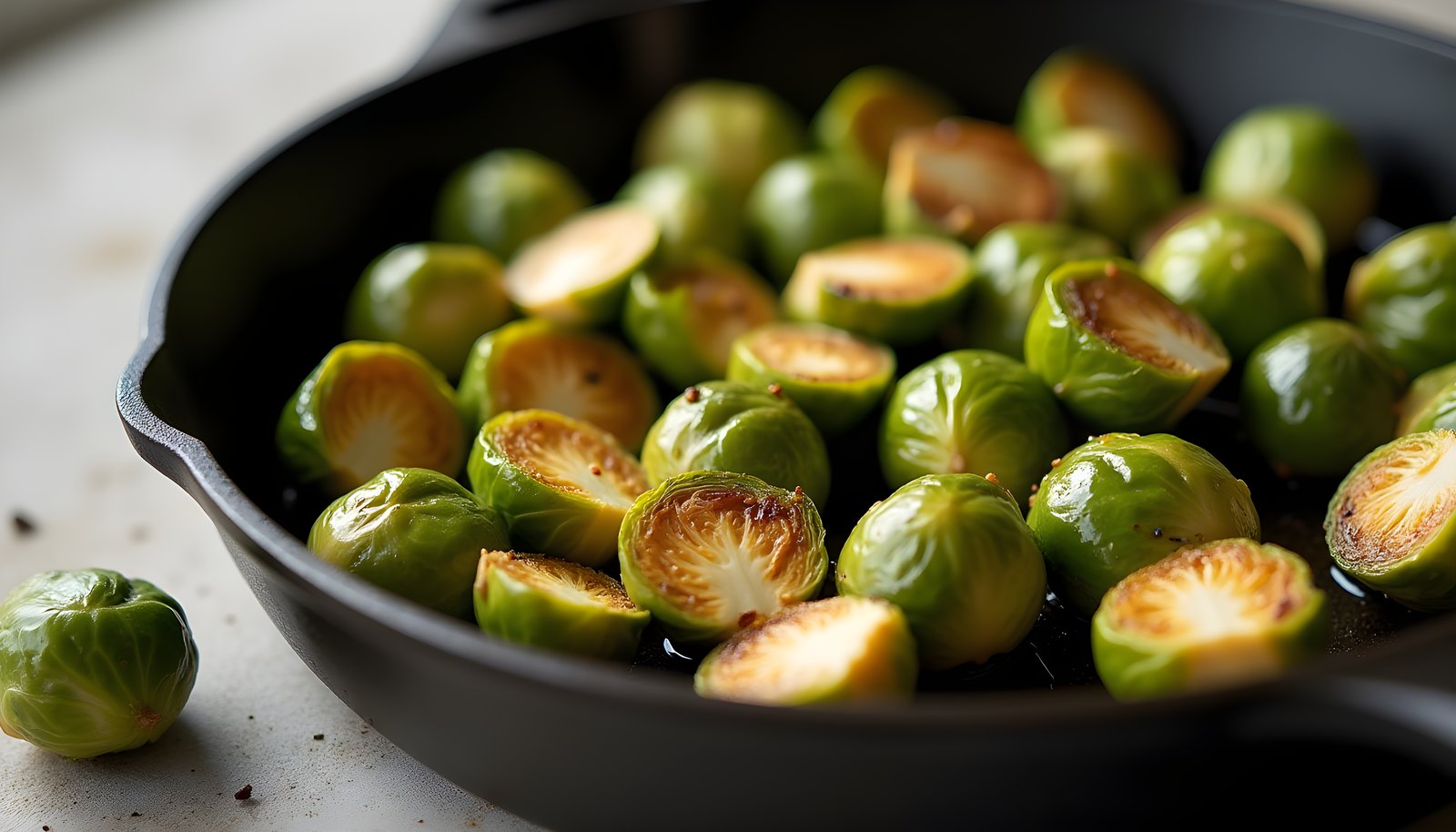 Brussels sprout fiber shown with a cast iron skillet of roasted halved Brussels sprouts and a whole raw sprout beside it