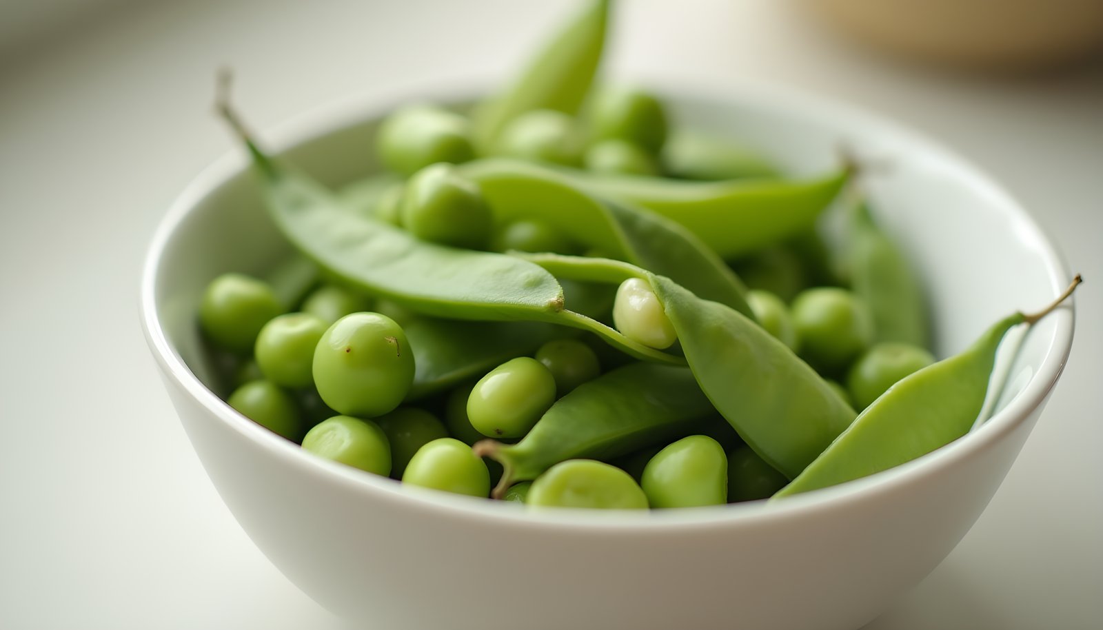 Snap pea fiber shown with a white bowl of plump green sugar snap pea pods, some split open to show the round peas inside