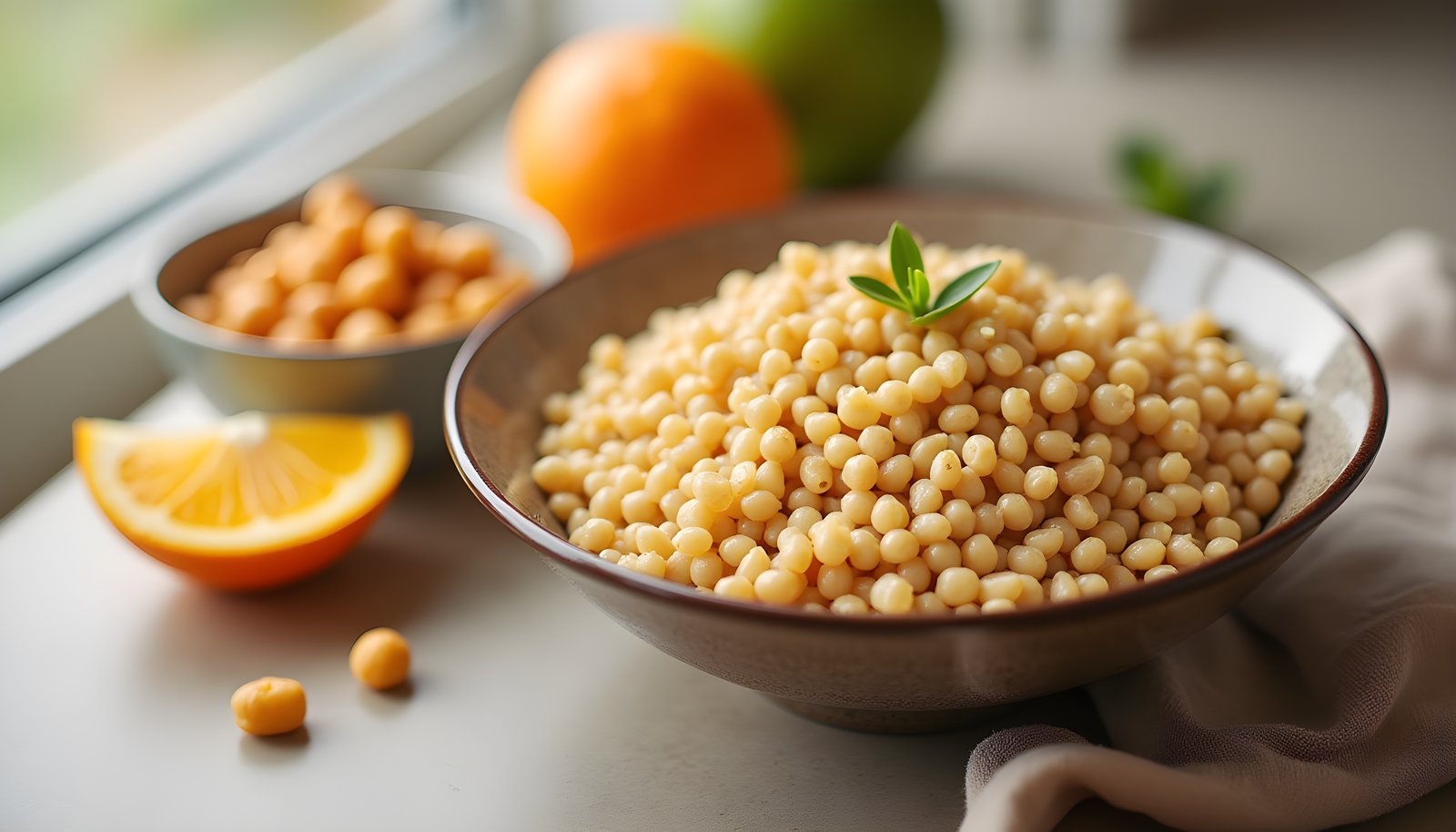 High fiber foods for slow digestion shown with a bowl of cooked pearl barley beside chickpeas and a halved orange