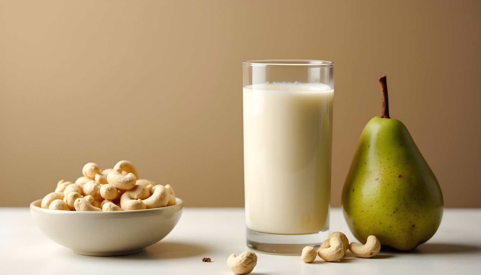 Cashew milk fiber shown with a glass of cashew milk beside a bowl of raw cashews and a ripe green pear on a light table
