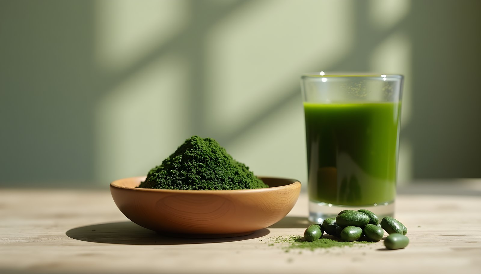 Chlorella fiber shown with a bowl of dark green chlorella powder, a few green tablets and a tall glass of green juice