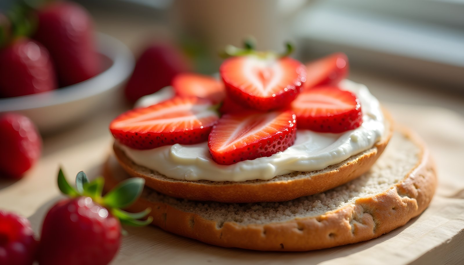Cream cheese and fiber shown with a whole wheat bagel spread with cream cheese and topped with fresh strawberry slices
