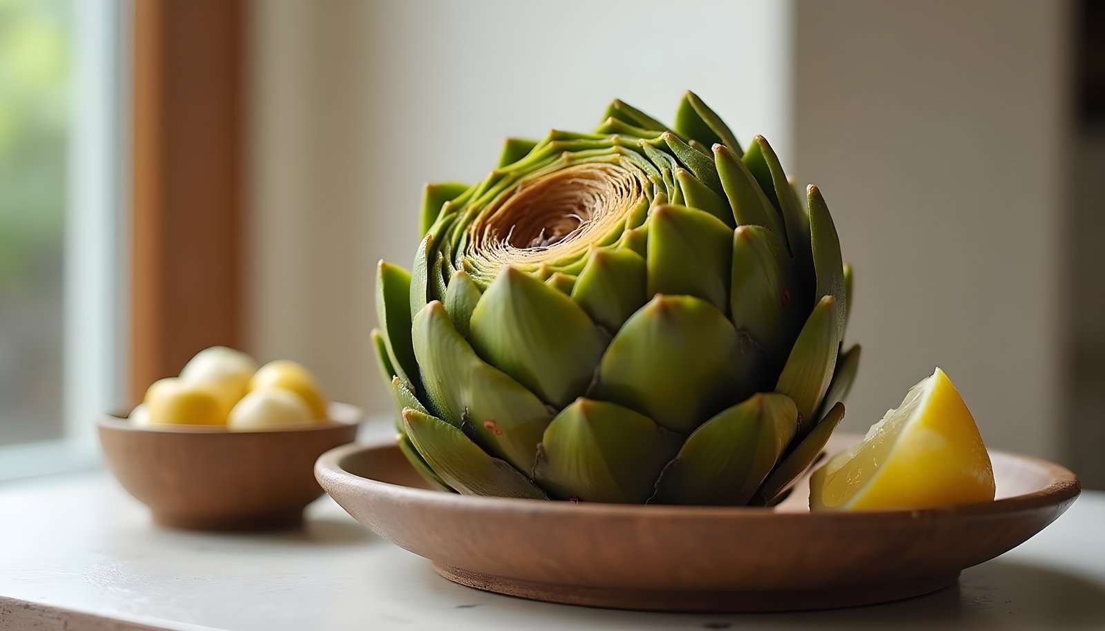 Artichoke fiber shown with a whole steamed globe artichoke on a plate with a lemon wedge and a small bowl of hearts