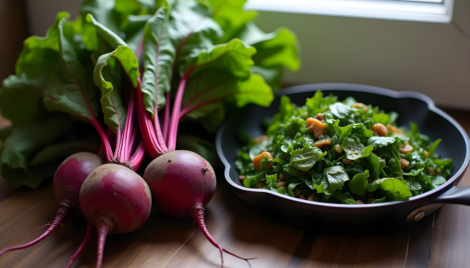 Beet green fiber shown with a bunch of beets with leafy red-stemmed greens beside a skillet of sauteed beet greens