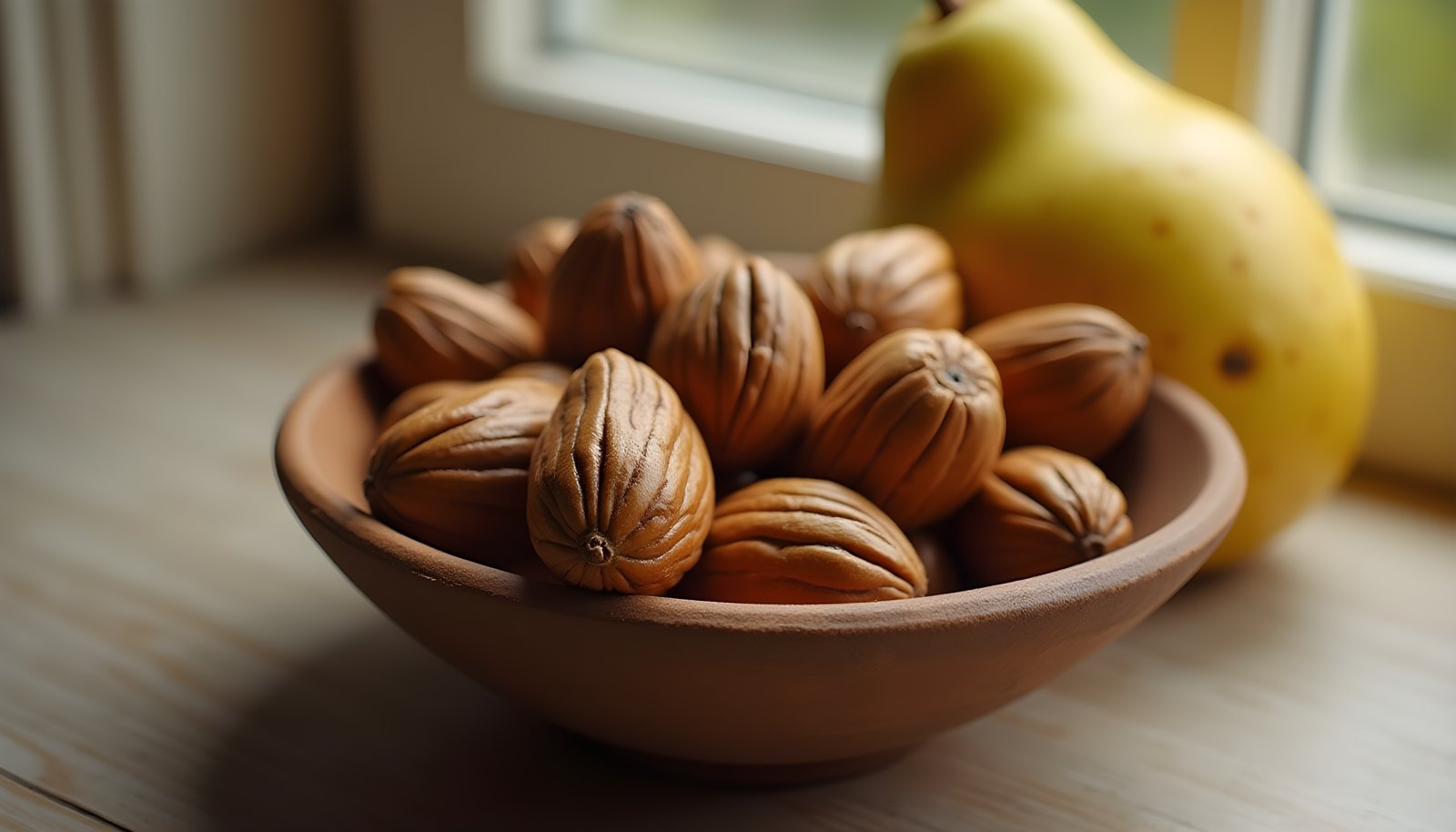 Brazil nut fiber shown with a clay bowl of shelled brazil nuts with their brown skins beside a ripe yellow pear by a window