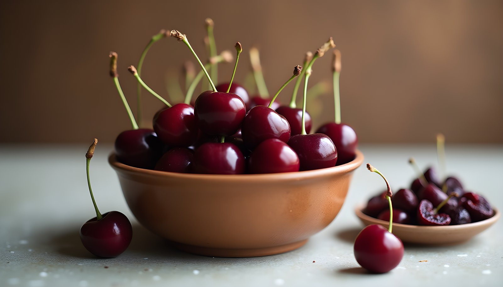 Cherry fiber shown with a bowl of dark red sweet cherries with stems, loose cherries and a small dish of dried cherries