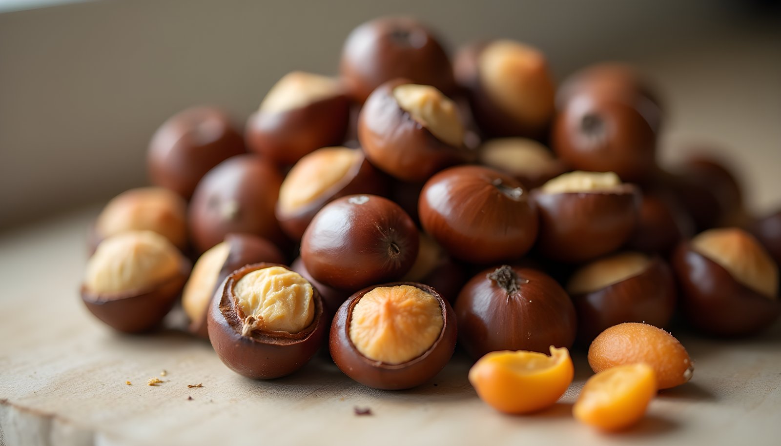 Chestnut fiber shown with a pile of roasted chestnuts with split shells and a few peeled golden kernels on a table