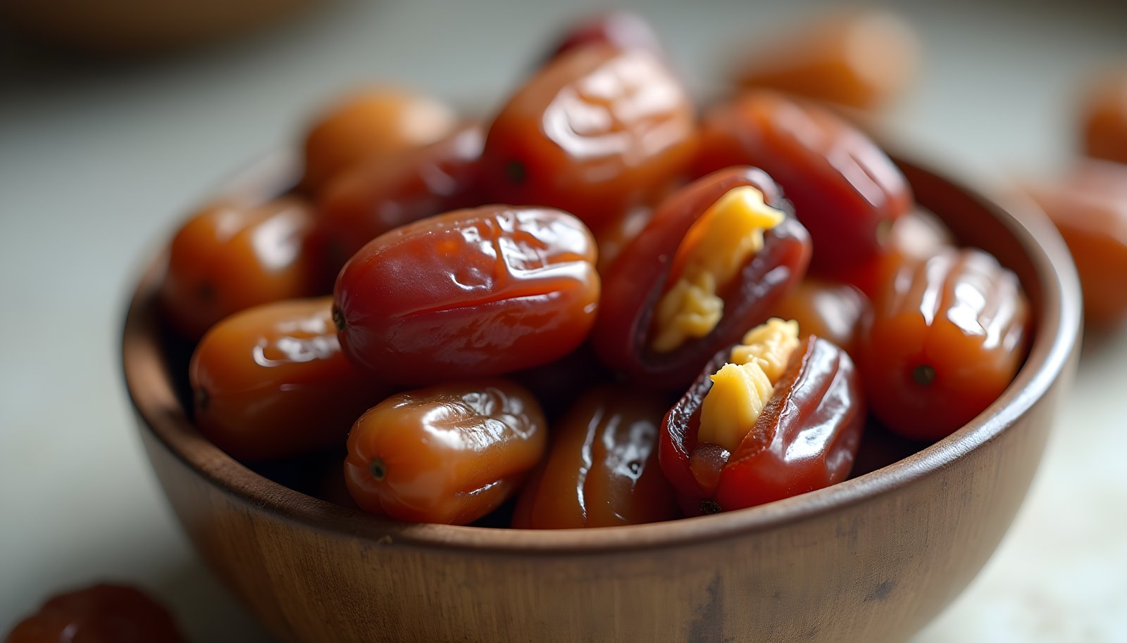 Date fiber shown with a wooden bowl heaped with plump glossy medjool dates, a few split open to show the inside