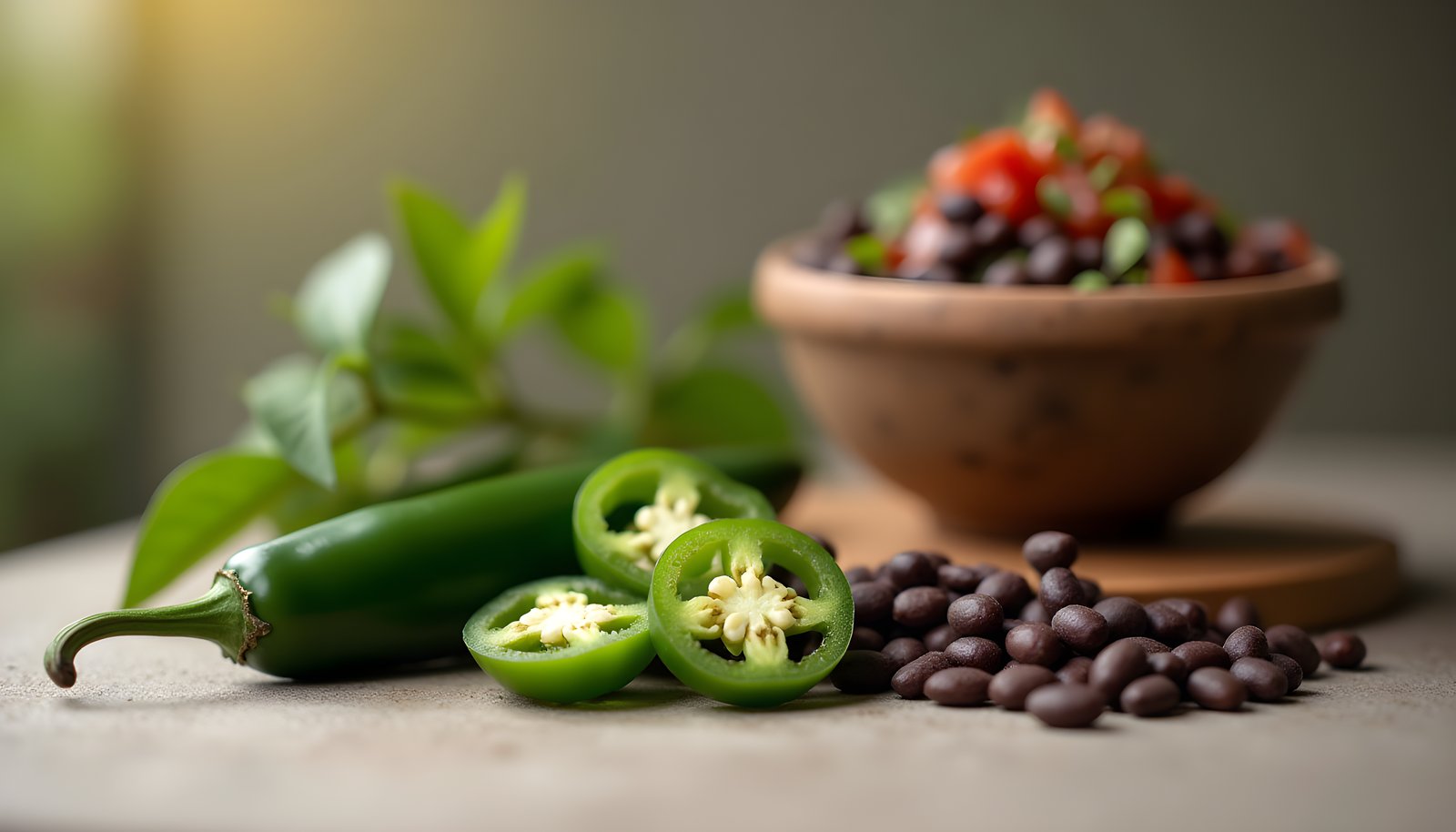 Jalapeno fiber shown with a whole green jalapeno and sliced jalapeno rings beside black beans and a bowl of bean salsa
