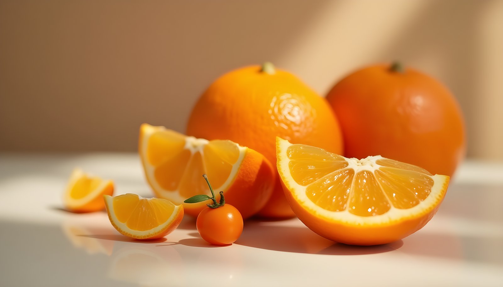 Orange fiber shown with whole oranges, an orange cut in half, juicy orange wedges and a small clementine on a table