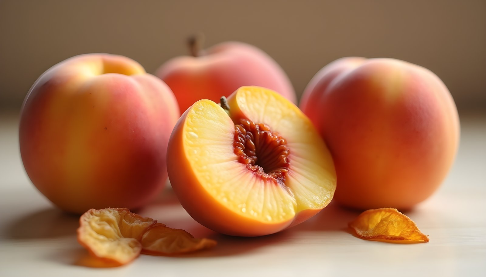 Peach fiber shown with ripe whole peaches, a peach cut in half showing the pit and a few dried peach slices in front