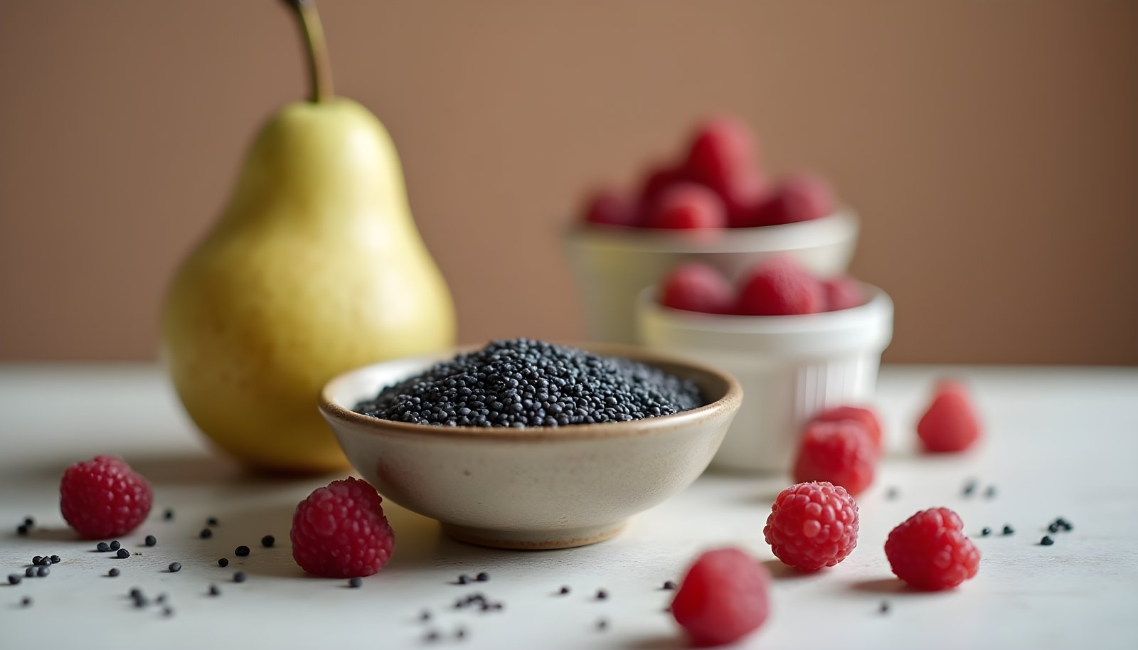 Poppy seed fiber shown with a small bowl of dark poppy seeds beside a ripe pear and fresh raspberries on a light table