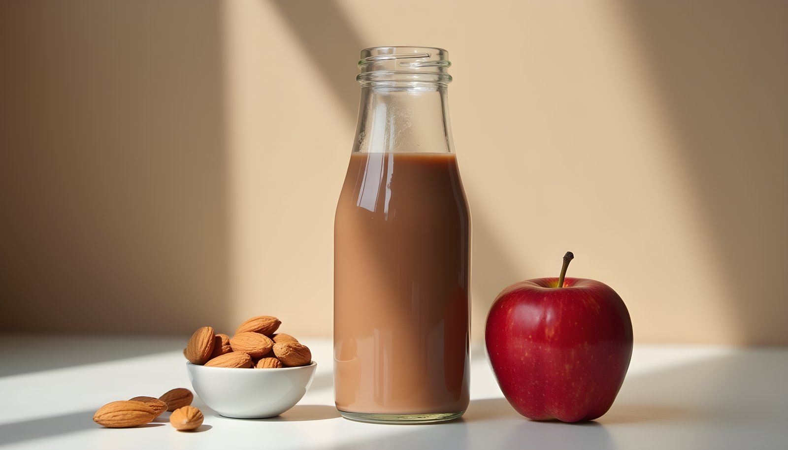 Protein dairy drink fiber shown with a glass bottle of chocolate protein shake beside a red apple and a dish of almonds