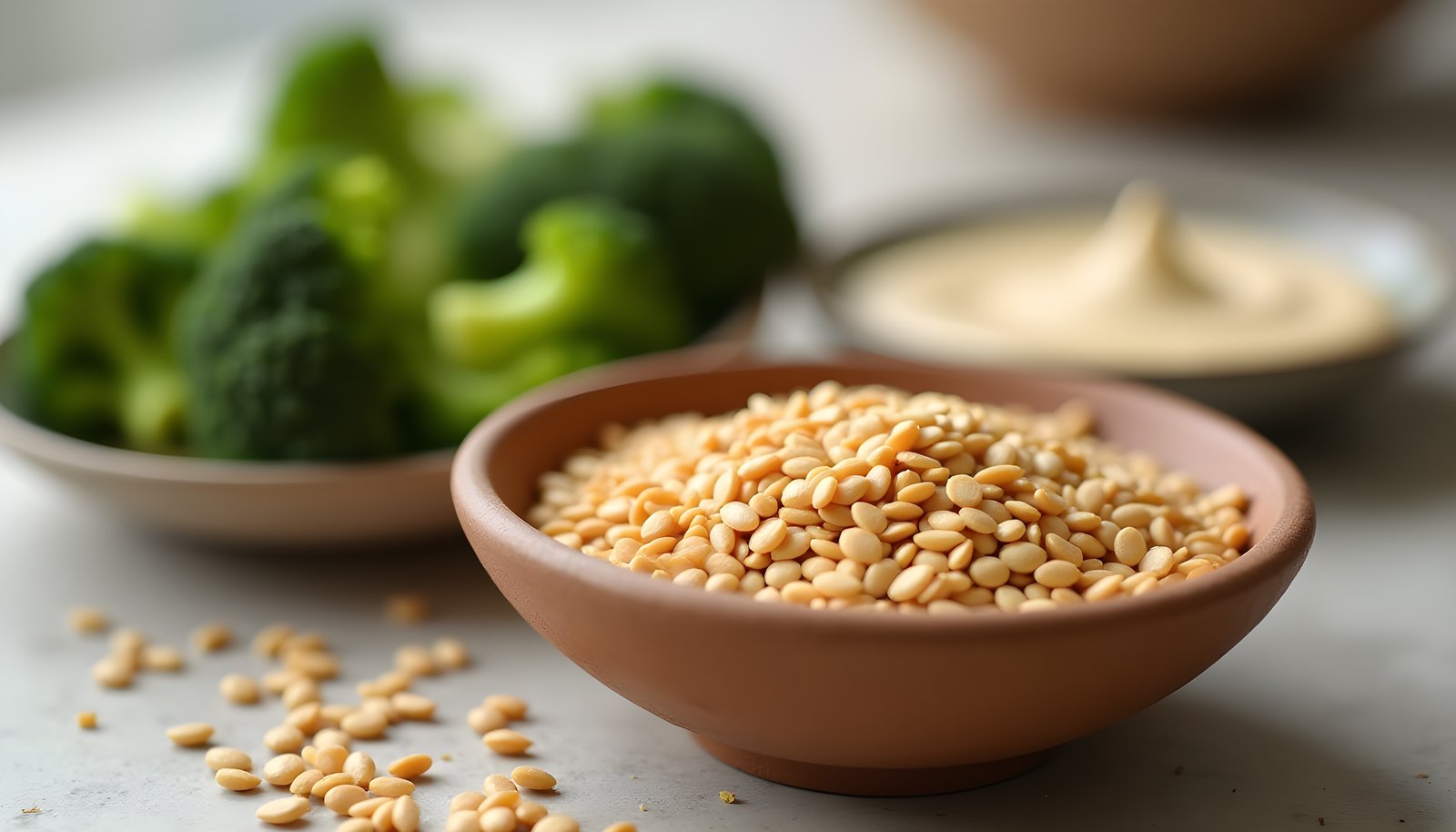 Sesame seed fiber shown with a clay bowl of tan sesame seeds beside a dish of creamy tahini and fresh broccoli florets