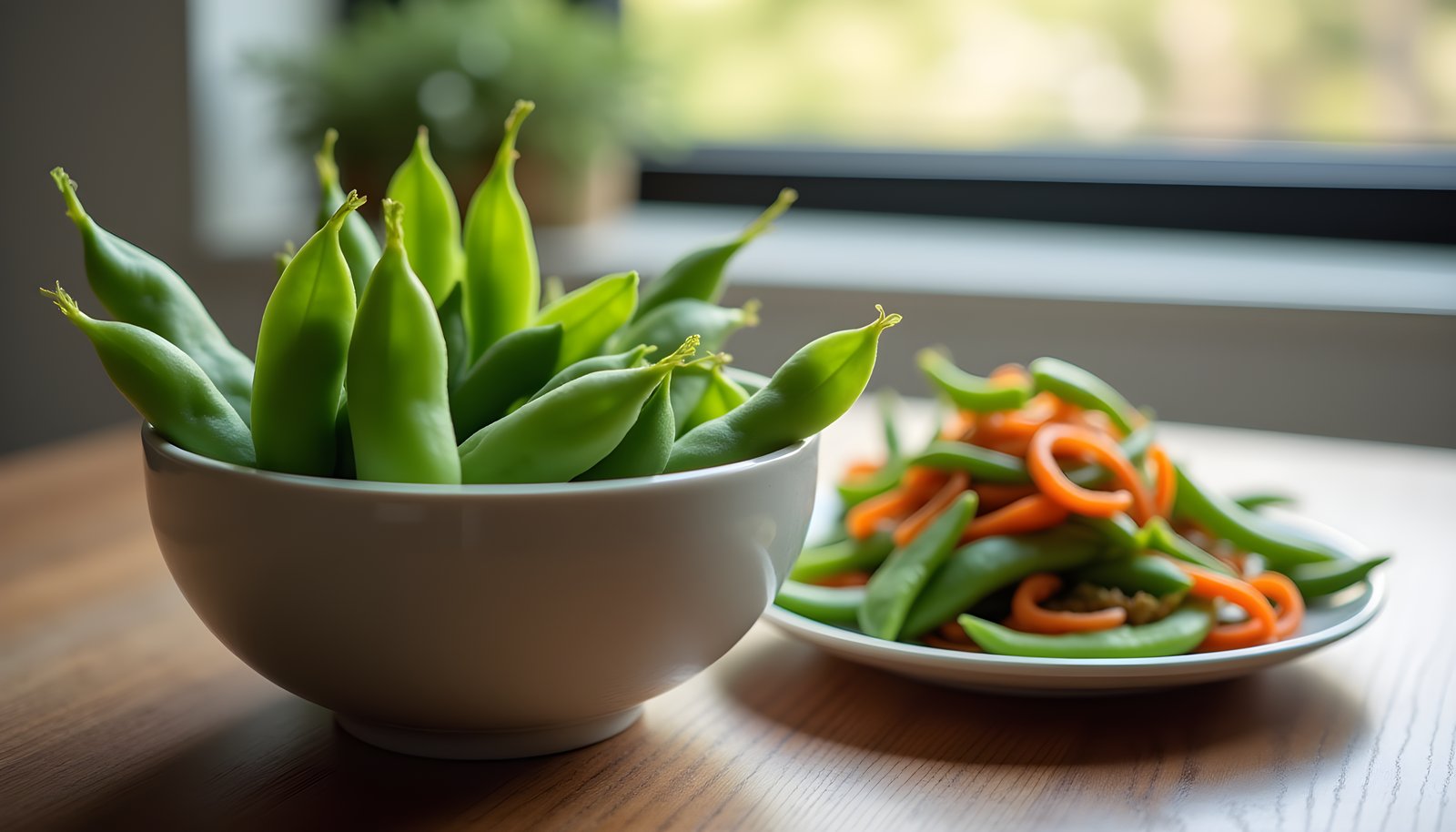 Snow pea fiber shown with a bowl of fresh green snow pea pods beside a small plate of stir fried snow peas and carrots