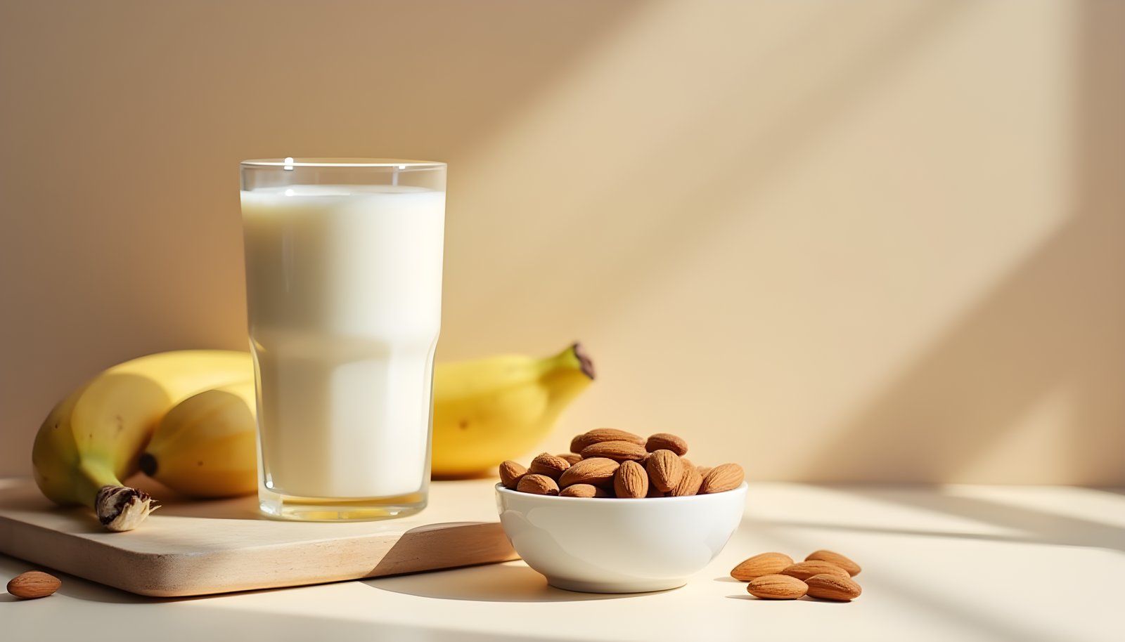 Almond milk fiber shown with a tall glass of almond milk beside a white bowl of whole almonds and ripe bananas