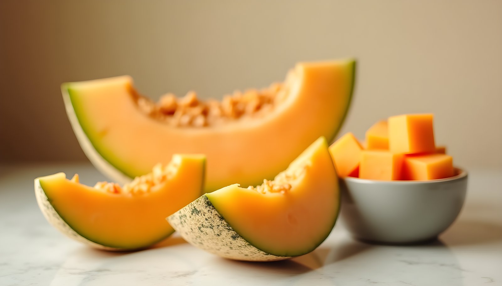 Cantaloupe fiber shown with crescent wedges of orange cantaloupe melon, a melon half and a small bowl of cubed melon