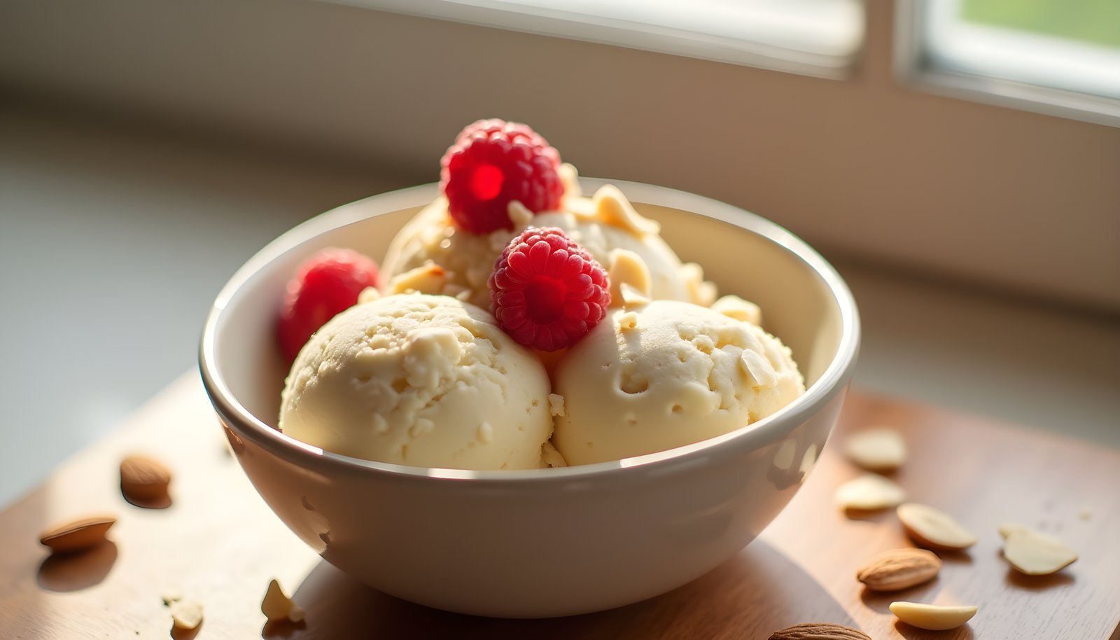 Ice cream fiber shown with a bowl of vanilla ice cream scoops topped with fresh raspberries and sliced almonds by a window