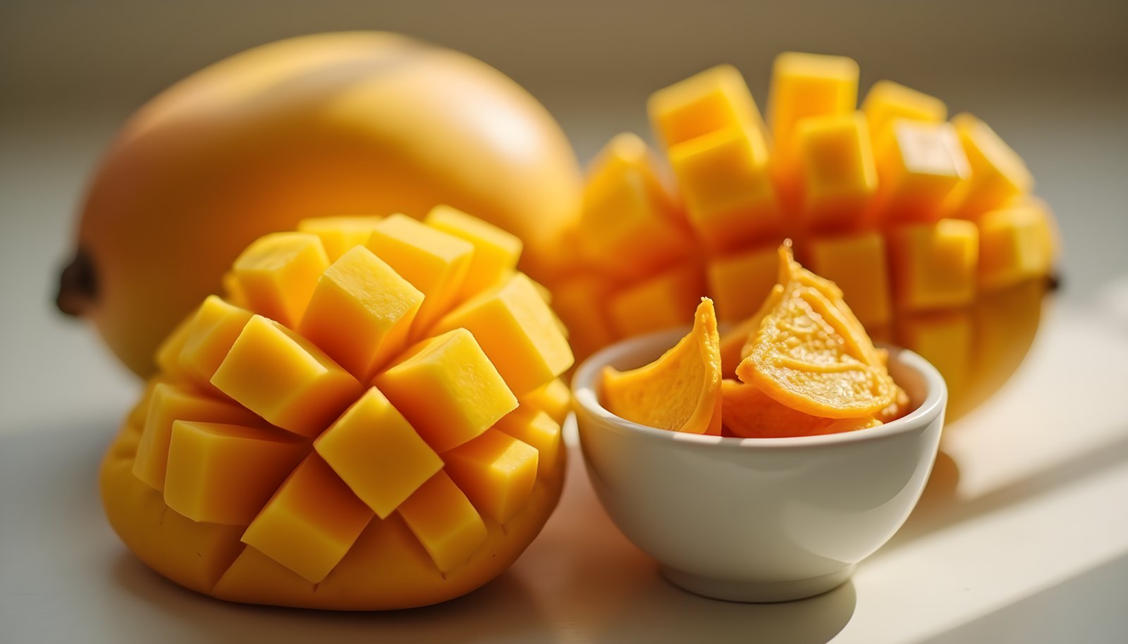 Mango fiber shown with a whole ripe mango, mango halves scored into cubes and a small bowl of dried mango pieces