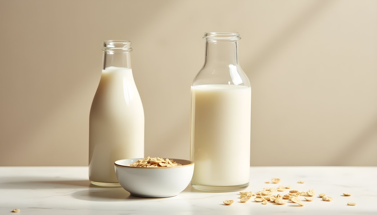 Milk and fiber shown with two glass bottles of fresh milk beside a small bowl of rolled oats on a sunny light table