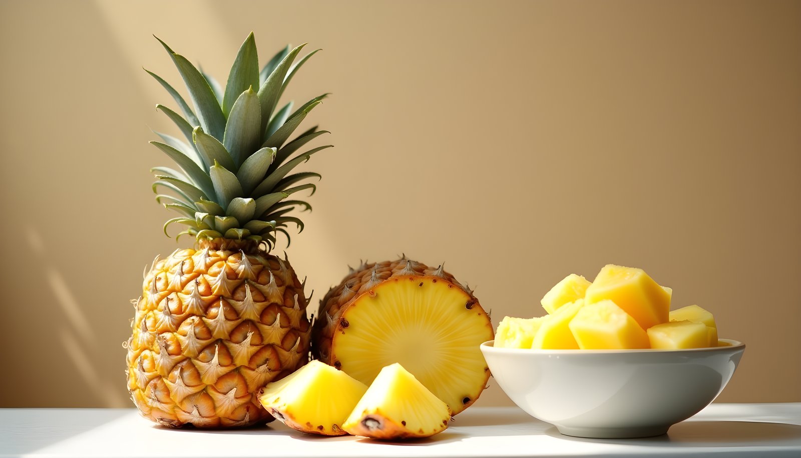 Pineapple fiber shown with a whole pineapple, a halved pineapple, golden wedges and a white bowl of pineapple chunks