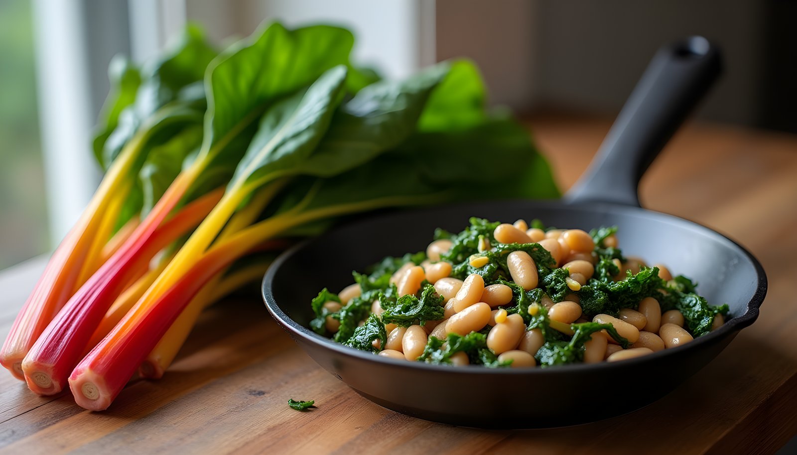 Swiss chard fiber shown with a bunch of rainbow chard with red and yellow stems beside a skillet of sauteed chard and beans