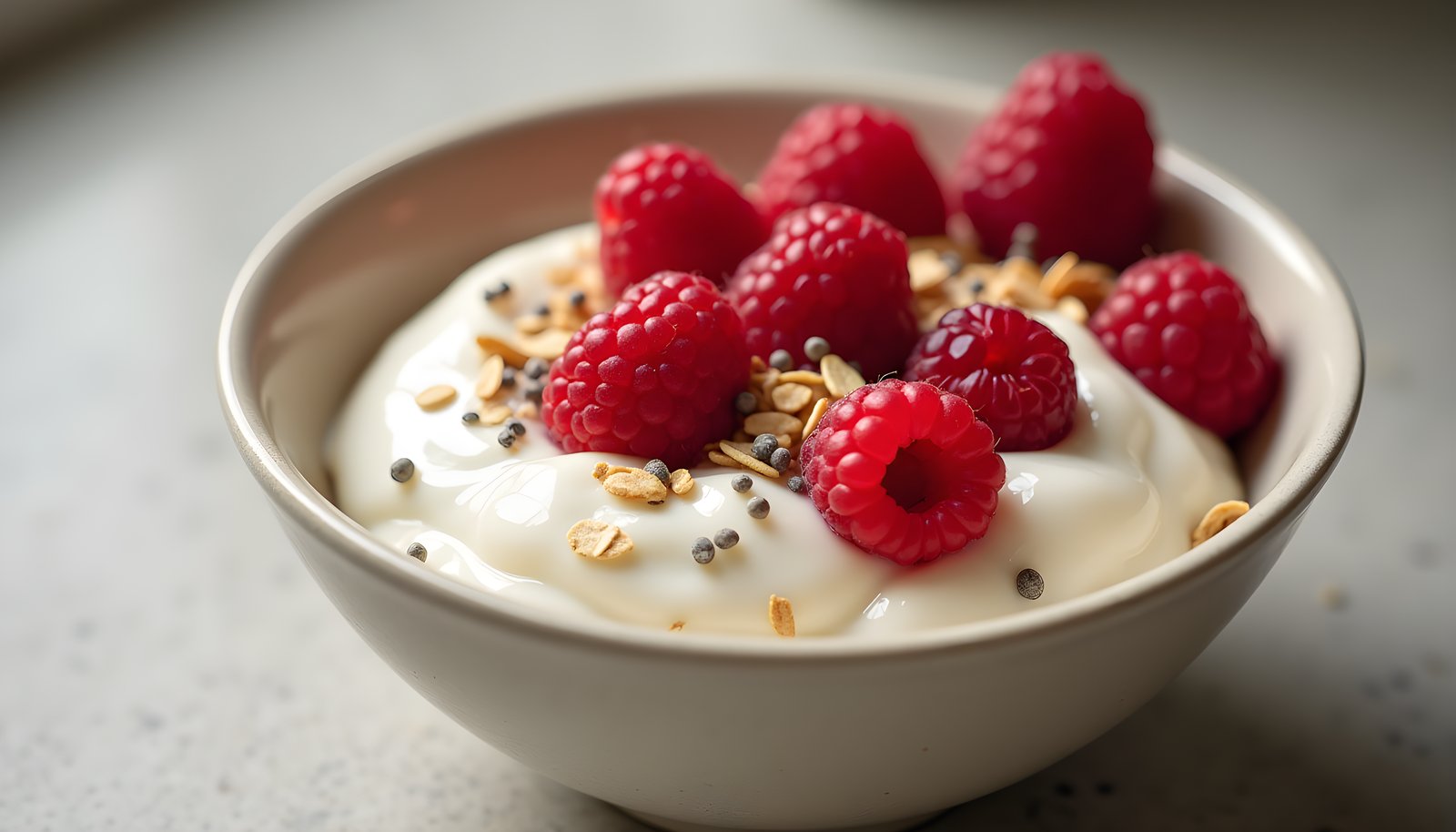 Yogurt fiber shown with a bowl of creamy plain yogurt topped with fresh raspberries, chia seeds and a sprinkle of oats