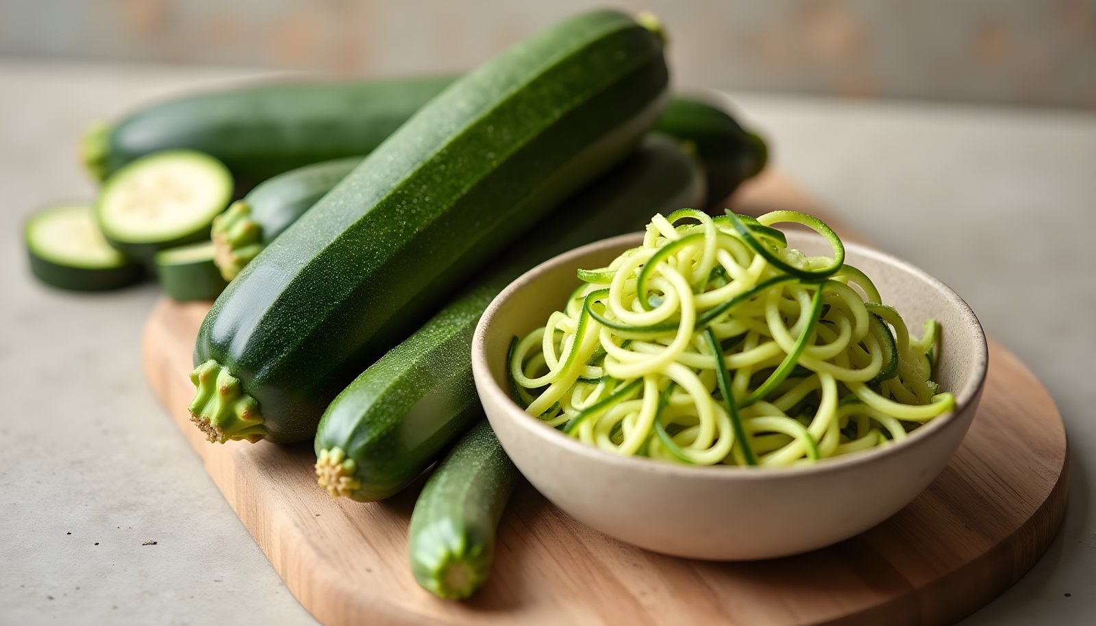 Zucchini fiber shown with whole green zucchini, a few round slices and a bowl of spiralized zucchini noodles