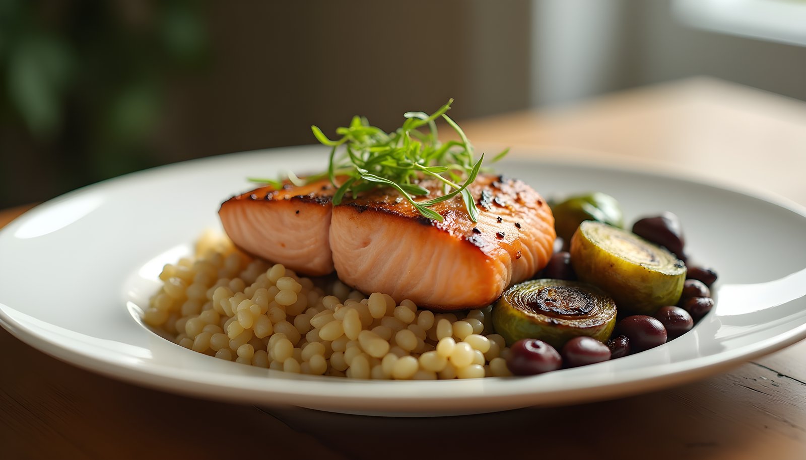 Fiber rich dinner plate with seared salmon on a bed of farro, roasted Brussels sprouts and black beans