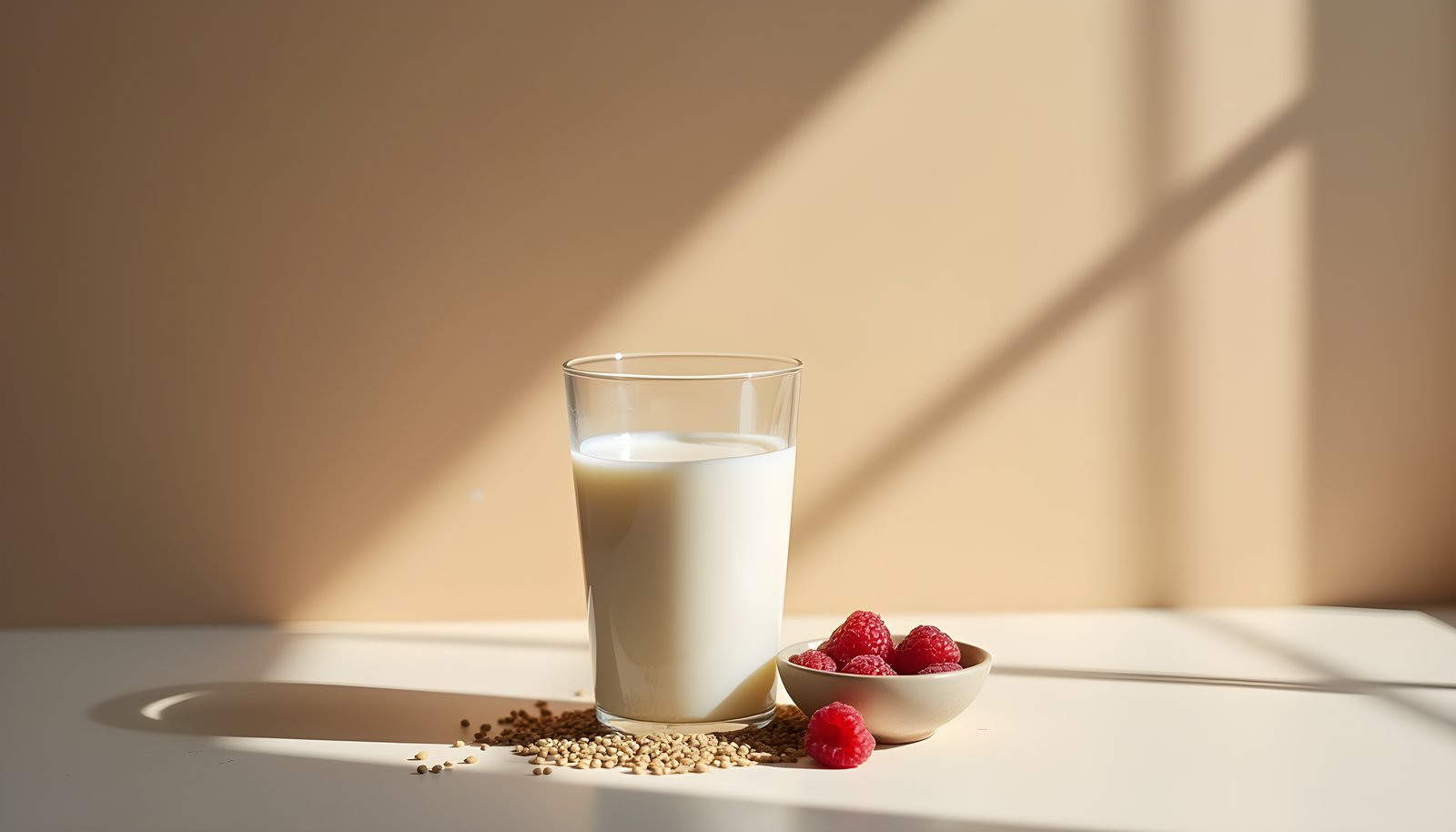 Hemp milk fiber shown with a glass of hemp milk on a sunny table beside a small dish of raspberries and hemp hearts