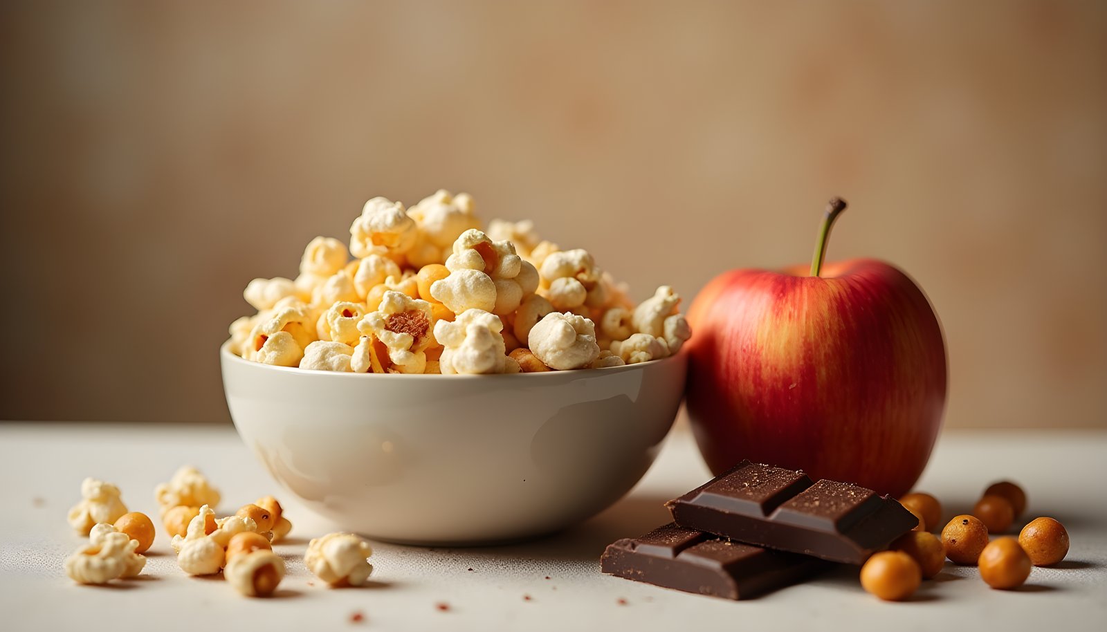 High fiber snacks: a bowl of popcorn beside a red apple, squares of dark chocolate and a few roasted chickpeas