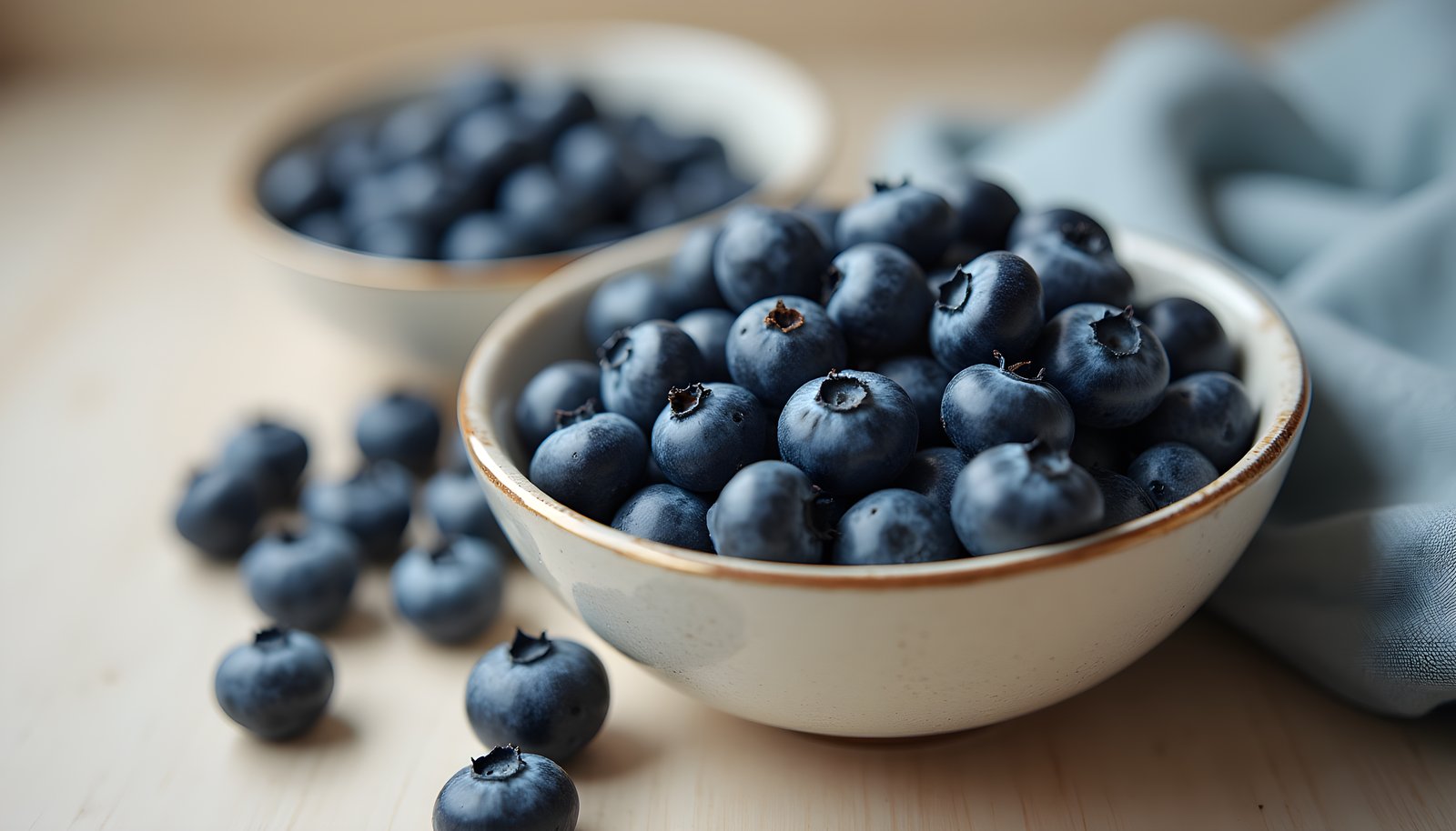 Blueberry fiber shown with a bowl of fresh blueberries, a second small bowl of berries and loose blueberries nearby
