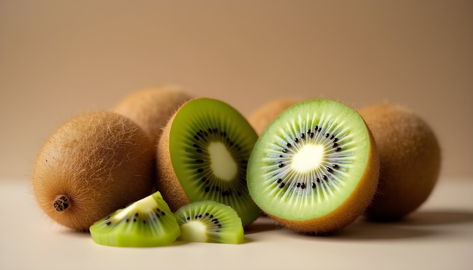 Kiwi fiber shown with whole fuzzy brown kiwis, a halved kiwi showing bright green flesh and black seeds, and thin slices