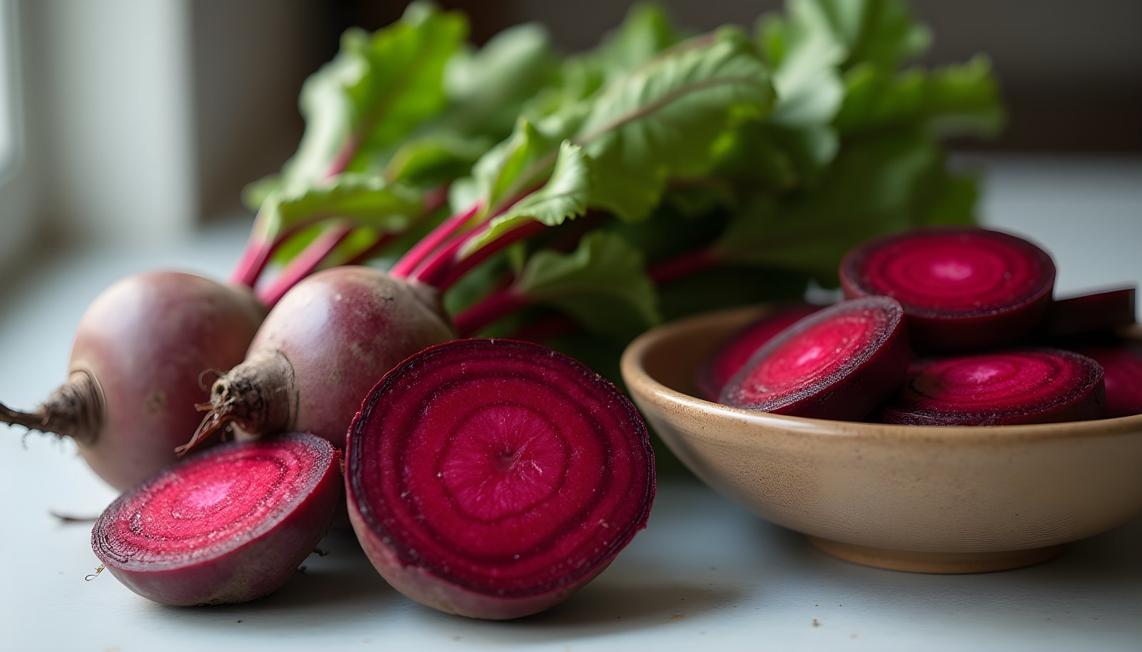 Beet fiber shown with whole red beets with leafy green tops, a beet cut in half and a bowl of sliced deep red beets