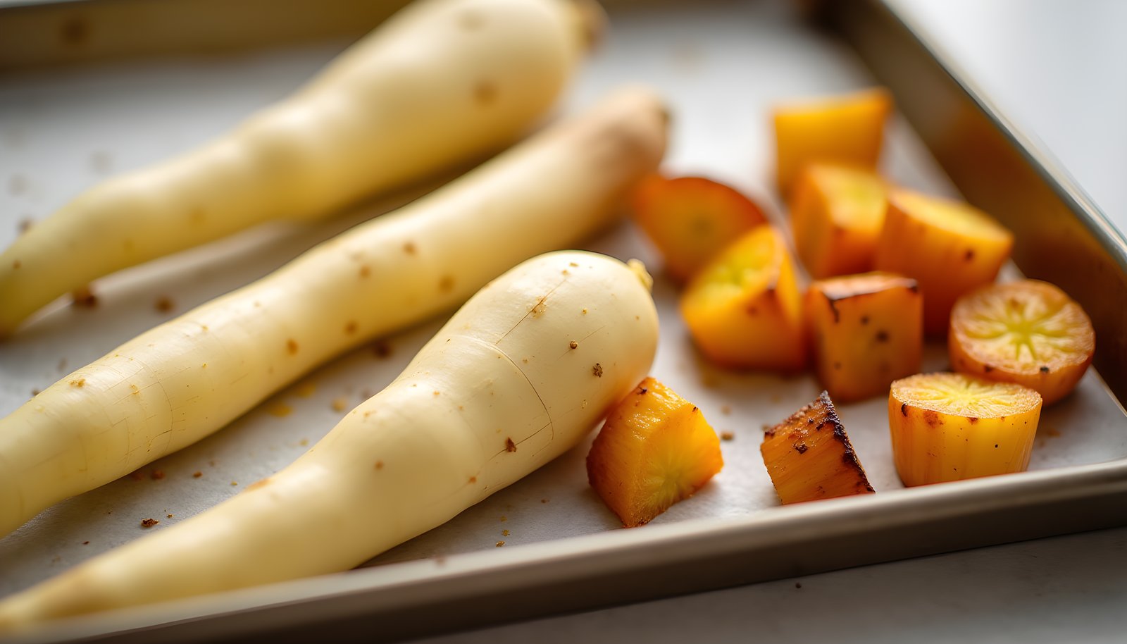 Parsnip fiber shown with long cream colored parsnips on a baking tray beside golden roasted parsnip chunks