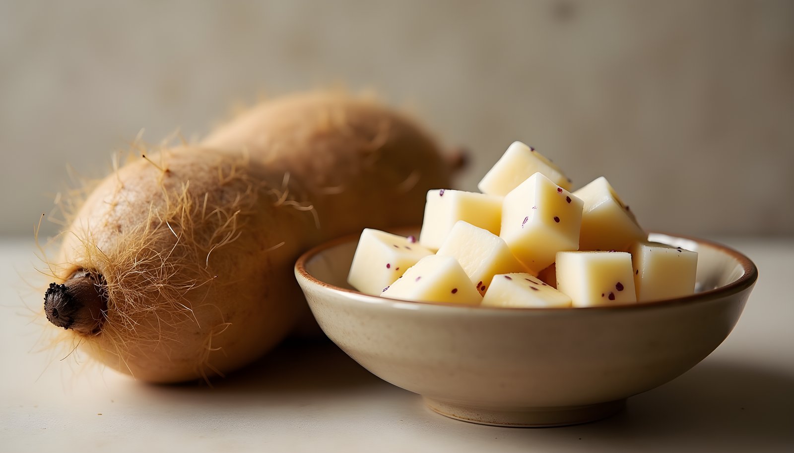 Taro root fiber shown with a whole hairy brown taro root beside a bowl of cooked white taro cubes flecked with purple