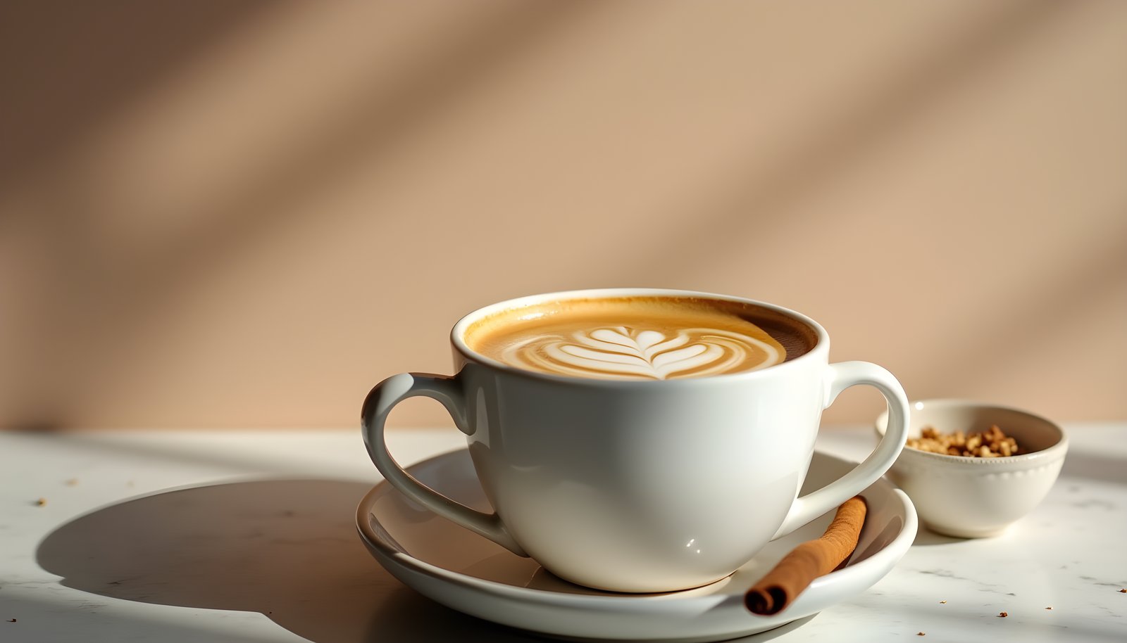 Plant based creamer fiber shown with a cup of coffee with creamer latte art beside a bowl of oats and a cinnamon stick