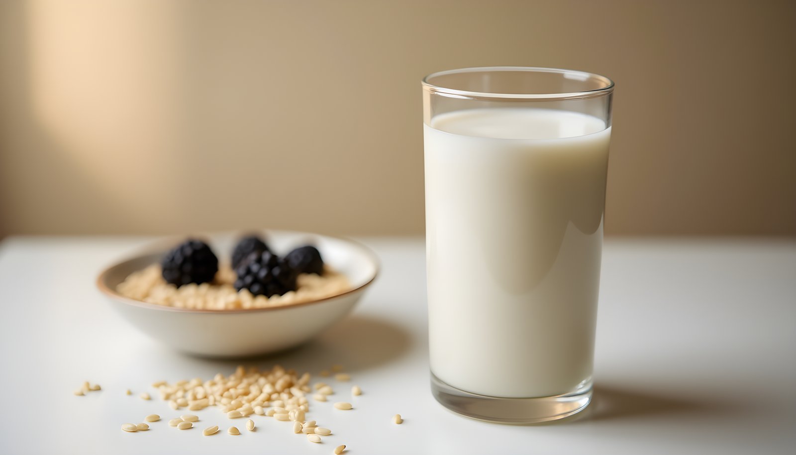Rice milk fiber shown with a tall glass of rice milk beside a bowl of brown rice grains topped with a few blackberries