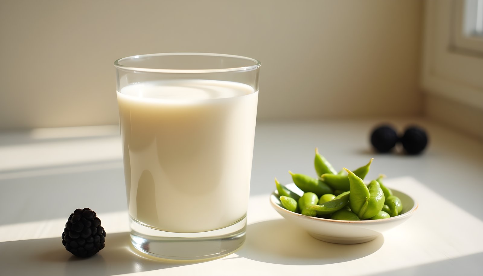 Soy milk fiber shown with a glass of soy milk beside a small dish of green edamame pods and a few ripe blackberries