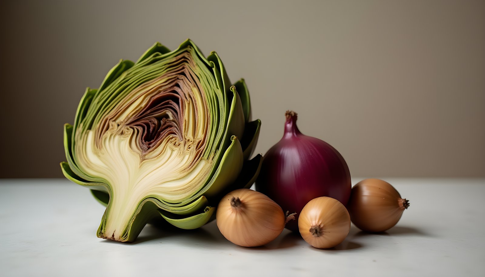 Prebiotic vegetables shown with a halved globe artichoke beside a whole red onion and a few small round brown tubers