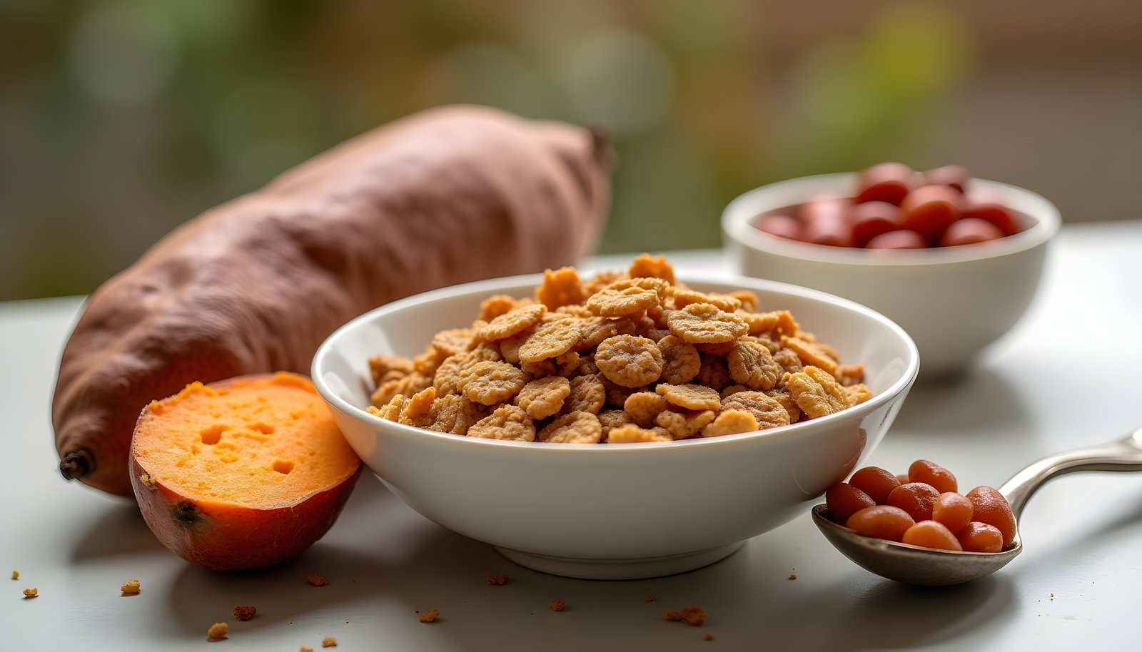 Stool bulking fiber foods shown with a bowl of bran flake cereal beside a cut sweet potato and a dish of kidney beans