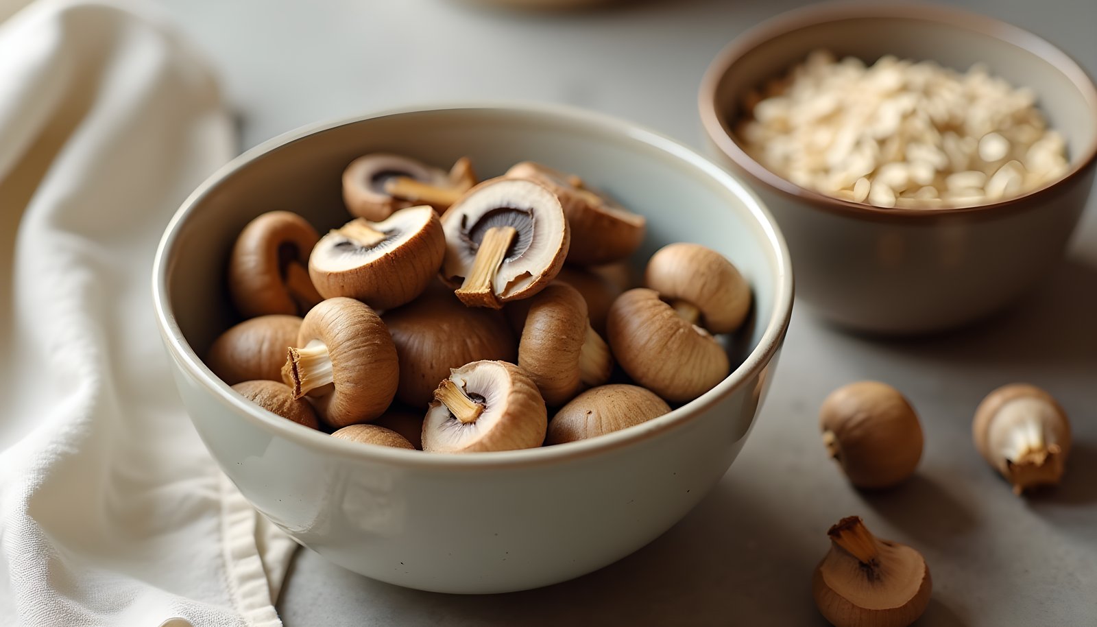 Beta glucan foods shown with a bowl of halved brown mushrooms beside a small bowl of rolled oats on a light table
