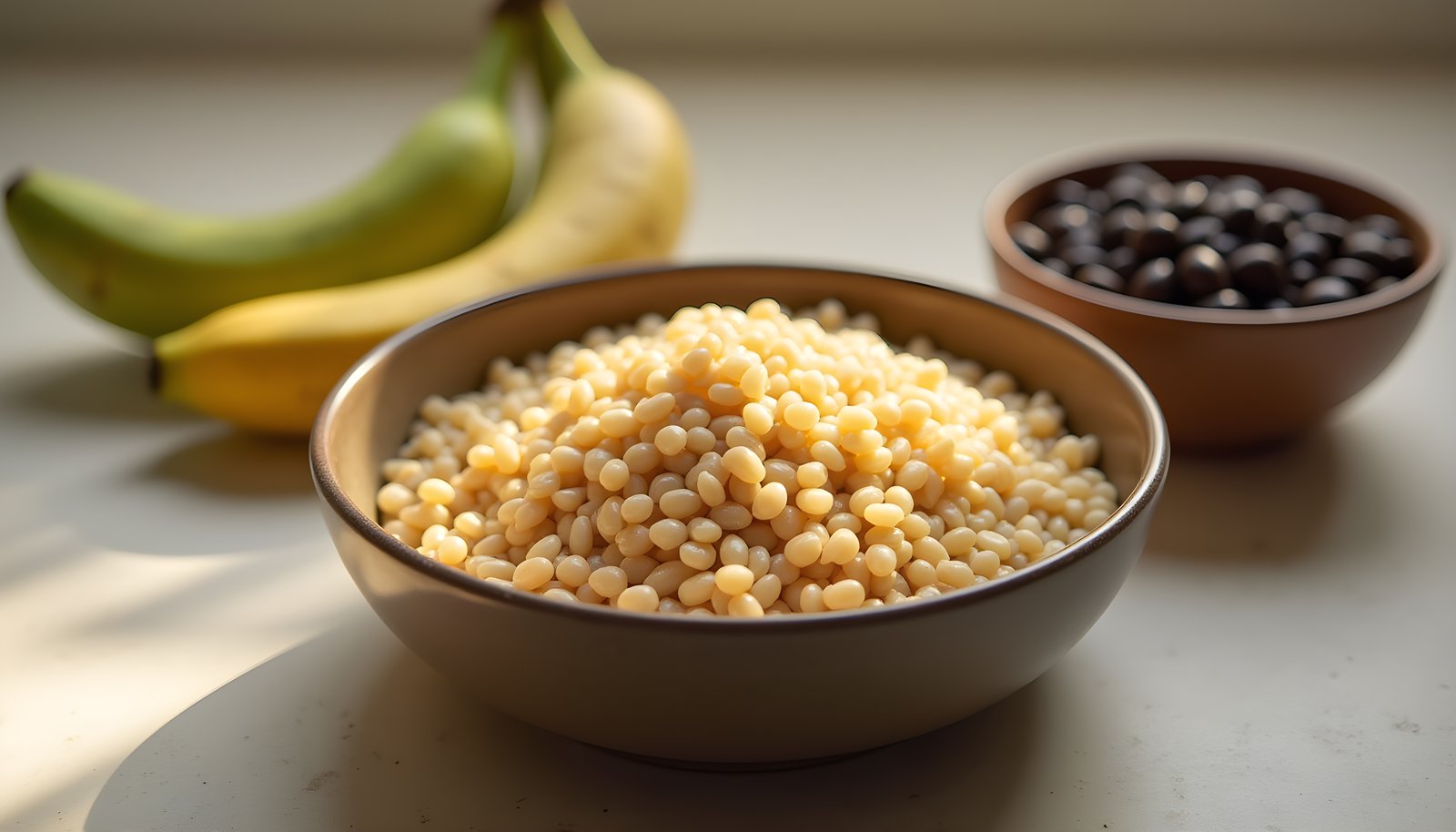 Fiber foods for insulin sensitivity shown with a bowl of cooked barley beside black beans and two slightly green bananas
