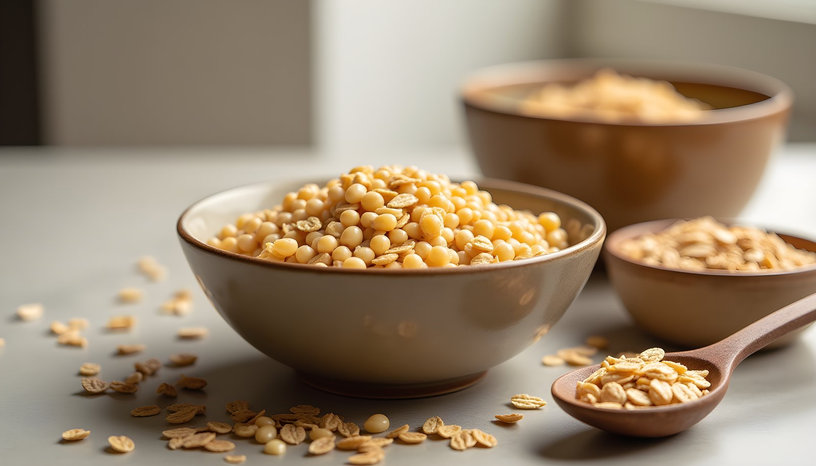Grains high in soluble fiber shown with a bowl of cooked pearl barley beside bowls of rolled oats and a spoon of oat bran